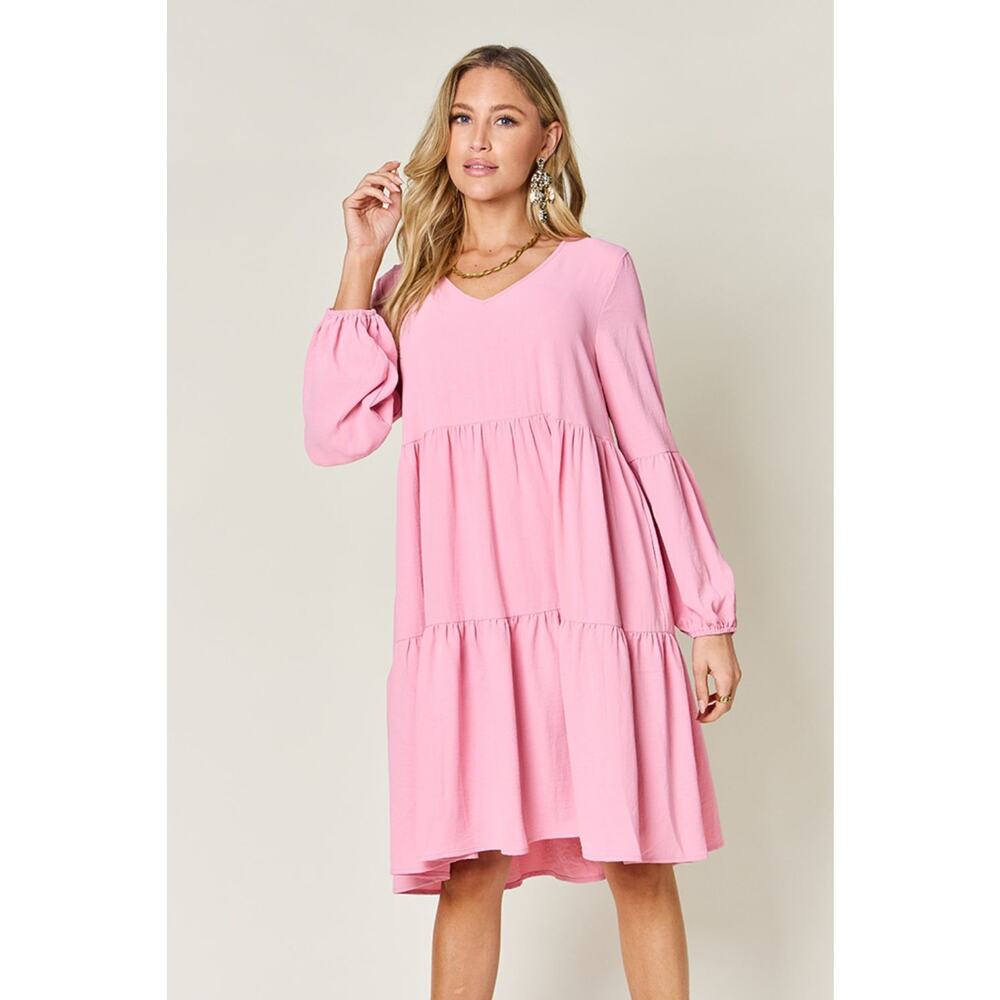 DOUBLE TAKE Pink V-Neck Balloon Sleeve Tiered Dress with Pockets NEW Large
